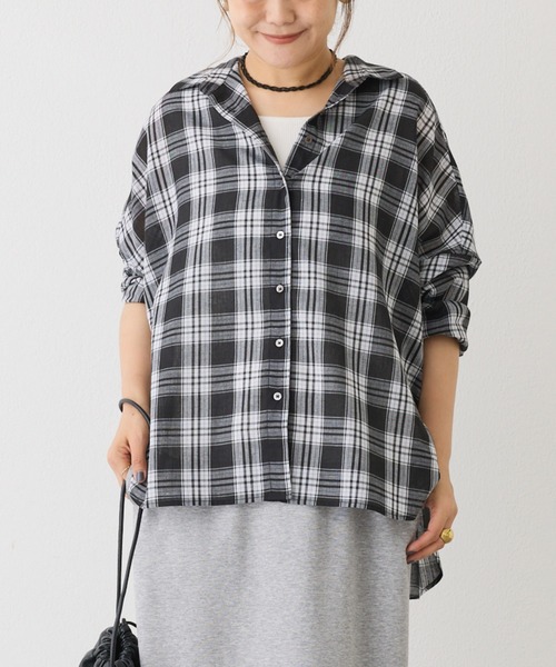 PUAL CE CIN(ピュアルセシン)の「麻混アソート柄オーバーシャツ(シャツ/ブラウス・レディース・ブラック/ベージュ/ネイビー/ブラウン・FREE)」の1枚目の写真