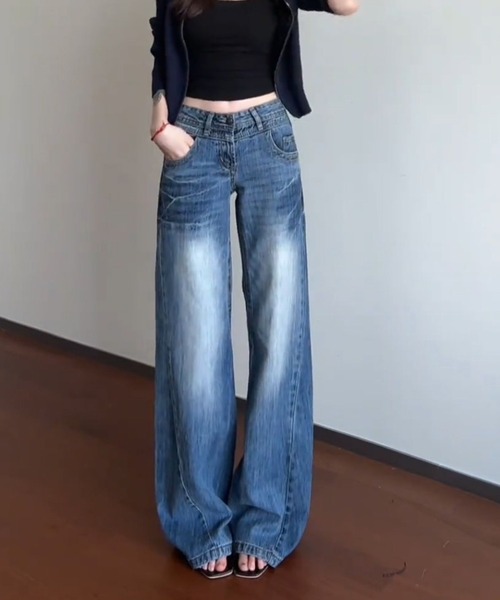 LUCPY(ラクピー)の「ヴィンテージウォッシュワイドデニムパンツ ハイウエスト ルーズシルエット(デニムパンツ・レディース・ブルー・X-LARGE/LARGE/MEDIUM/SMALL)」の1枚目の写真