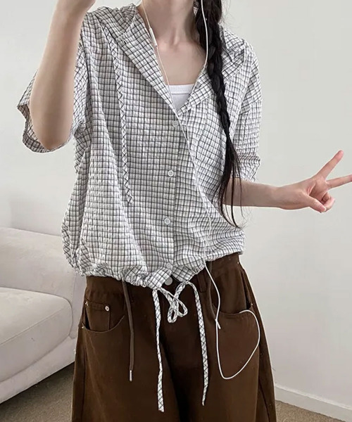 VIVID LADY（ビビッドレディー）の「チェック ドロスト半袖シャツ（シャツ/ブラウス・レディース・カーキ/ブラック/アイボリー/ベージュ・FREE）」の21枚目の写真