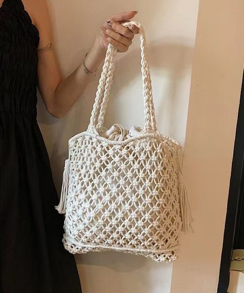 Mignonjour(ミニョンジュール)の「Mignonjour/透かし編みトートバッグ M2937(トートバッグ・レディース・ブラウン/ホワイト・FREE)」の3枚目の写真