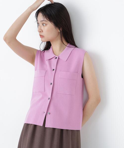 N.(N. Natural Beauty Basic)(エヌエヌナチュラルビューティーベーシック)の「ポロ襟ノースリーブニット(ポロシャツ・レディース・ラベンダー/ネイビー/キャメル・フリ-)」の2枚目の写真