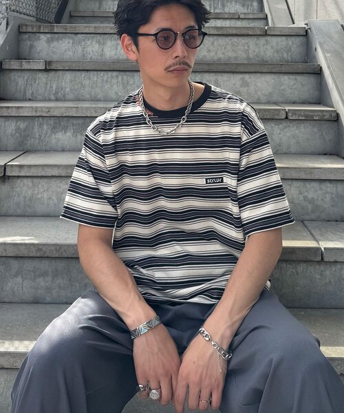 CIAOPANIC(チャオパニック)の「マルチボーダーTシャツ(Tシャツ/カットソー・メンズ・カーキ/ブラック・MEDIUM/LARGE)」の1枚目の写真