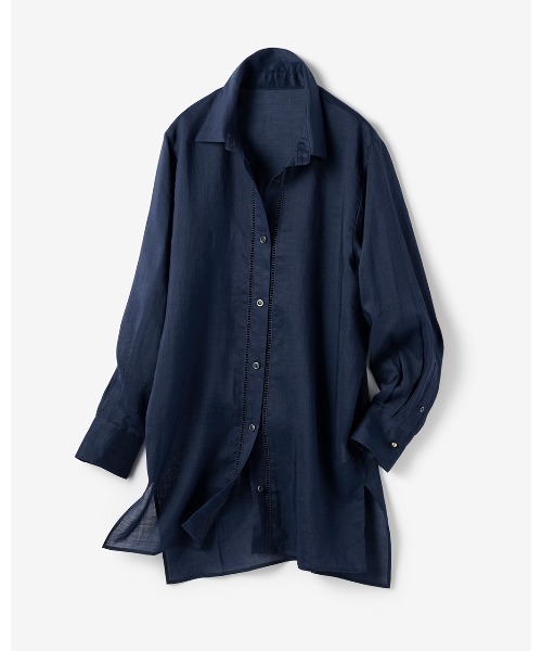 DoCLASSE（ ドゥクラッセ）の「シアーラミー・はしごレースロングシャツ（チュニック・レディース・ホワイト/ネイビー・11/7/13/9）」の10枚目の写真