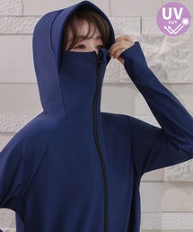 【UVカット率99.9%以上/UPF50+/フード&フェイスガード搭載】長袖サムホール付きジップアップラッシュガードトップス レディース水着