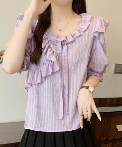 AMAJI（アマジ）の「ラッフルフリル 半袖ブラウス（シャツ/ブラウス・レディース・パープル・LARGE/XX-LARGE/X-LARGE）」の3枚目の写真