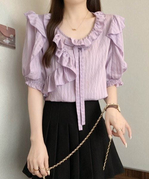 AMAJI（アマジ）の「ラッフルフリル 半袖ブラウス（シャツ/ブラウス・レディース・パープル・LARGE/XX-LARGE/X-LARGE）」の4枚目の写真