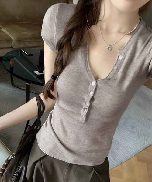LAFFMO(ラフモ)の「ヘンリーVネックショートスリーブニット(Tシャツ/カットソー・レディース・ライトグレー/ブラック/モカ/ホワイト・F)」の20枚目の写真