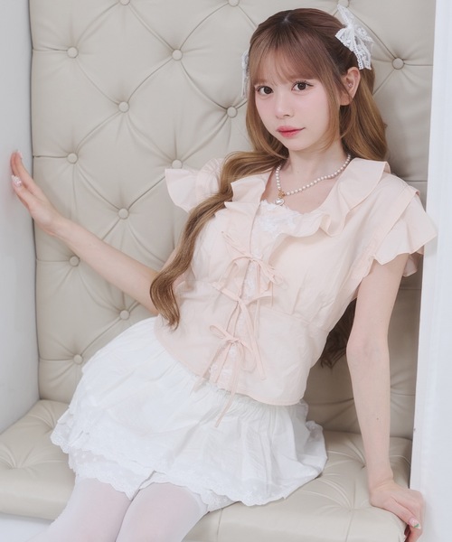 Rmine（アールマイン）の「フロントリボン フリル シアー ブラウス（半袖）（シャツ/ブラウス・レディース・イエロー/ホワイト/ピンク・FREE）」の21枚目の写真