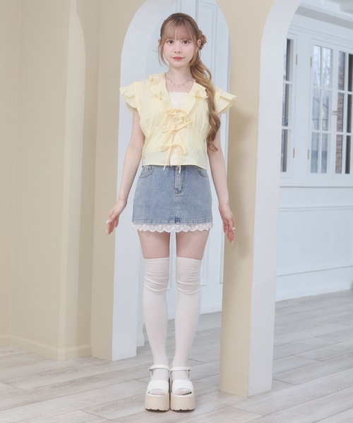 Rmine（アールマイン）の「フロントリボン フリル シアー ブラウス（半袖）（シャツ/ブラウス・レディース・イエロー/ホワイト/ピンク・FREE）」の8枚目の写真