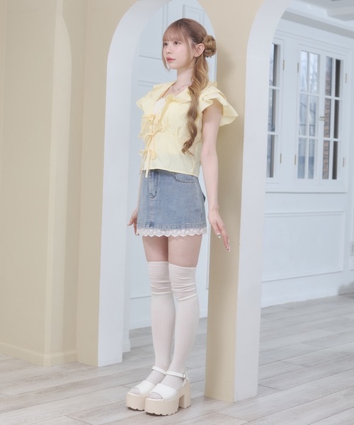 Rmine（アールマイン）の「フロントリボン フリル シアー ブラウス（半袖）（シャツ/ブラウス・レディース・イエロー/ホワイト/ピンク・FREE）」の9枚目の写真