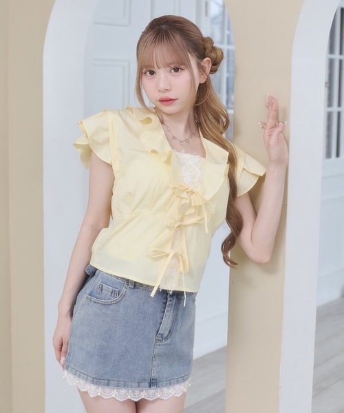 Rmine（アールマイン）の「フロントリボン フリル シアー ブラウス（半袖）（シャツ/ブラウス・レディース・イエロー/ホワイト/ピンク・FREE）」の4枚目の写真