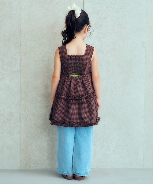 apres les cours(アプレレクール)の「バックオープンフリルチェックワンピース(ワンピース・キッズ・ネイビー/ブラウン・110/100/90/140/80/130/120)」の4枚目の写真
