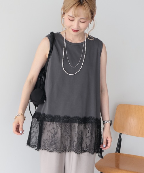 AMERICAN HOLIC(アメリカンホリック)の「【接触冷感】裾レースノースリーブプルオーバー(Tシャツ/カットソー・レディース・ブラック/チャコールグレー/オフホワイト・M/L)」の3枚目の写真