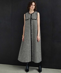 【2026AW】【M~Lサイズ展開】フリンジデザインノースリーブツイードAラインワンピース《着用動画あり》