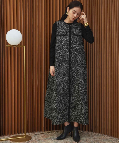 ELFRANK(エルフランク)の「【2026AW】【M~Lサイズ展開】フリンジデザインノースリーブツイードAラインワンピース《着用動画あり》(ワンピース・レディース・ブラック/ホワイト×ブラック・M/L)」の2枚目の写真