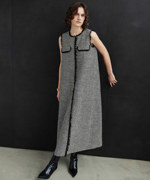ELFRANK(エルフランク)の「【2026AW】【M~Lサイズ展開】フリンジデザインノースリーブツイードAラインワンピース《着用動画あり》(ワンピース・レディース・ブラック/ホワイト×ブラック・M/L)」の5枚目の写真