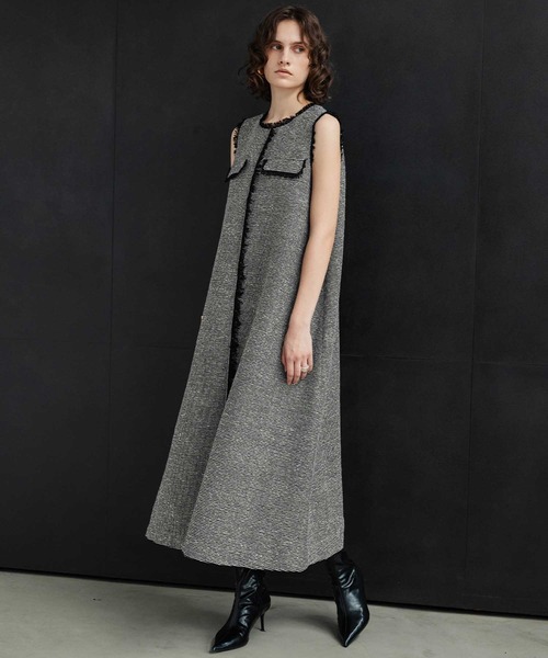 ELFRANK(エルフランク)の「【2026AW】【M~Lサイズ展開】フリンジデザインノースリーブツイードAラインワンピース《着用動画あり》(ワンピース・レディース・ブラック/ホワイト×ブラック・M/L)」の6枚目の写真