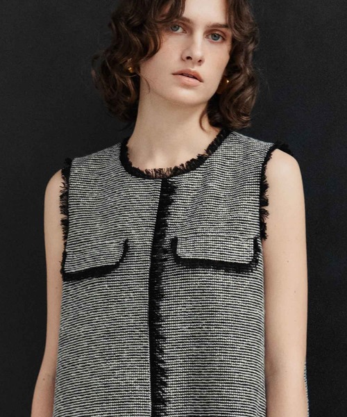 ELFRANK(エルフランク)の「【2026AW】【M~Lサイズ展開】フリンジデザインノースリーブツイードAラインワンピース《着用動画あり》(ワンピース・レディース・ブラック/ホワイト×ブラック・M/L)」の7枚目の写真