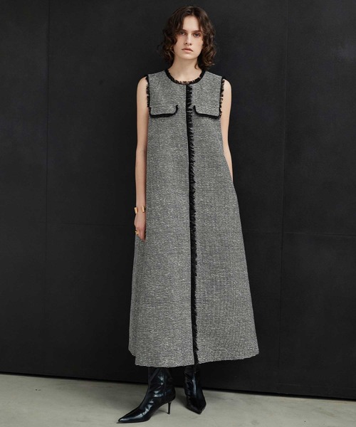 ELFRANK(エルフランク)の「【2026AW】【M~Lサイズ展開】フリンジデザインノースリーブツイードAラインワンピース《着用動画あり》(ワンピース・レディース・ブラック/ホワイト×ブラック・M/L)」の8枚目の写真