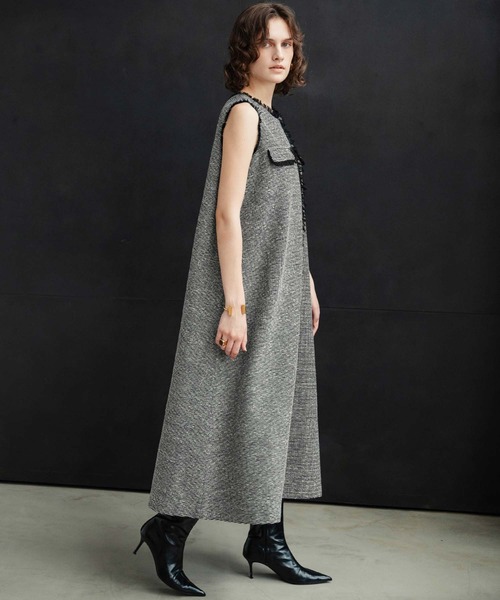 ELFRANK(エルフランク)の「【2026AW】【M~Lサイズ展開】フリンジデザインノースリーブツイードAラインワンピース《着用動画あり》(ワンピース・レディース・ブラック/ホワイト×ブラック・M/L)」の9枚目の写真