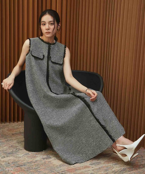 ELFRANK(エルフランク)の「【2026AW】【M~Lサイズ展開】フリンジデザインノースリーブツイードAラインワンピース《着用動画あり》(ワンピース・レディース・ブラック/ホワイト×ブラック・M/L)」の10枚目の写真
