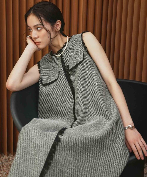 ELFRANK(エルフランク)の「【2026AW】【M~Lサイズ展開】フリンジデザインノースリーブツイードAラインワンピース《着用動画あり》(ワンピース・レディース・ブラック/ホワイト×ブラック・M/L)」の11枚目の写真