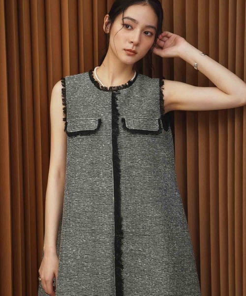 ELFRANK(エルフランク)の「【2026AW】【M~Lサイズ展開】フリンジデザインノースリーブツイードAラインワンピース《着用動画あり》(ワンピース・レディース・ブラック/ホワイト×ブラック・M/L)」の12枚目の写真