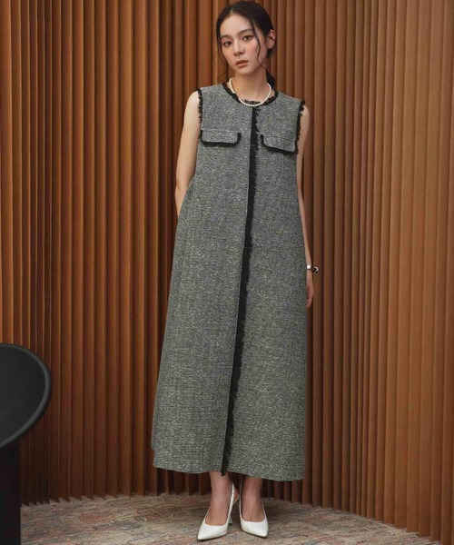 ELFRANK(エルフランク)の「【2026AW】【M~Lサイズ展開】フリンジデザインノースリーブツイードAラインワンピース《着用動画あり》(ワンピース・レディース・ブラック/ホワイト×ブラック・M/L)」の13枚目の写真