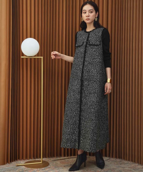 ELFRANK(エルフランク)の「【2026AW】【M~Lサイズ展開】フリンジデザインノースリーブツイードAラインワンピース《着用動画あり》(ワンピース・レディース・ブラック/ホワイト×ブラック・M/L)」の17枚目の写真