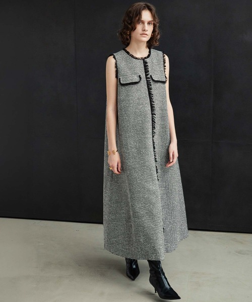 ELFRANK(エルフランク)の「【2026AW】【M~Lサイズ展開】フリンジデザインノースリーブツイードAラインワンピース《着用動画あり》(ワンピース・レディース・ブラック/ホワイト×ブラック・M/L)」の22枚目の写真
