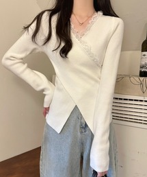 Vネック レース切替 カシュクール 長袖サマーニット