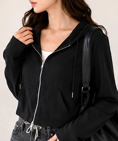 CLOTHY（クロシィ）の「【さらっと羽織れる薄手素材♪】ダブルZIP ショート丈 カットソー パーカー 秋服（パーカー・レディース・アイボリー/グレー/ブラック・FREE）」の19枚目の写真
