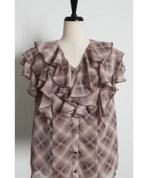 tocco closet（トッコ　クローゼット）の「ハート釦シャドーチェックラッフルフリルブラウス（シャツ/ブラウス・レディース・ブラック/モカ・M）」の21枚目の写真