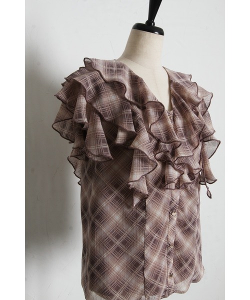 tocco closet（トッコ　クローゼット）の「ハート釦シャドーチェックラッフルフリルブラウス（シャツ/ブラウス・レディース・ブラック/モカ・M）」の22枚目の写真