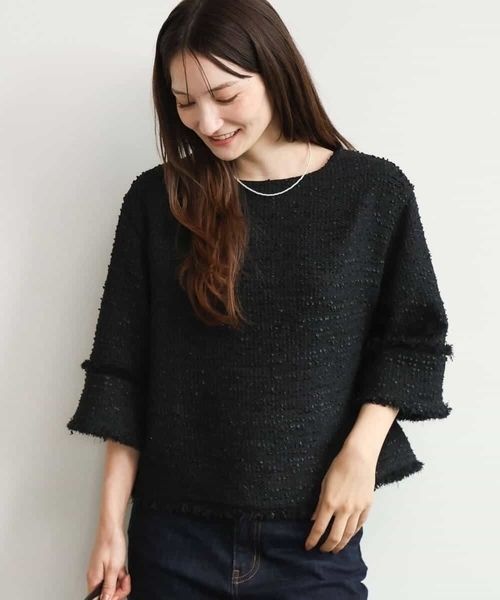 MK MICHEL KLEIN（エムケーミッシェルクラン）の「[洗える]ツイードライクフリンジトップス（Tシャツ/カットソー・レディース・グレー/ブラック・38）」の3枚目の写真
