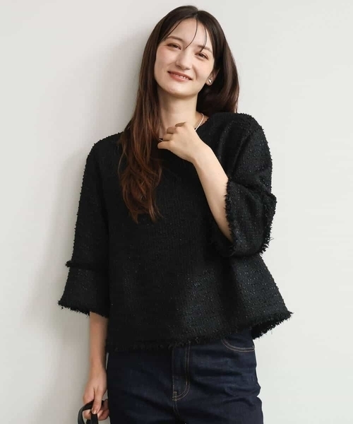 MK MICHEL KLEIN（エムケーミッシェルクラン）の「[洗える]ツイードライクフリンジトップス（Tシャツ/カットソー・レディース・グレー/ブラック・38）」の5枚目の写真