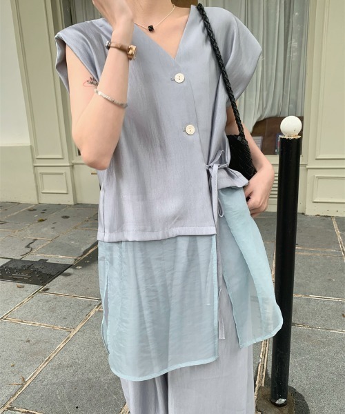 Aelina(エリナ)の「チュール切り替えVネックトップス&ワイドパンツセットアップ(セットアップ・レディース・ブルーグレー/アイボリー/ブラック・FREE)」の18枚目の写真