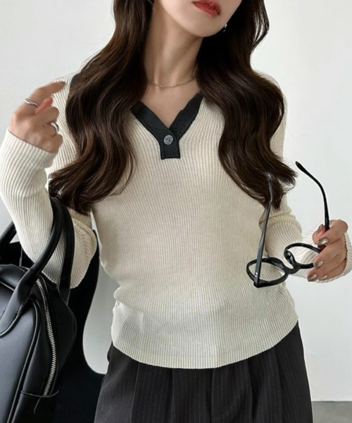 Eclat one(エクラワン)の「【Eclat one】配色ポロ襟 リブ ワンボタン ニット(ニット/セーター・レディース・グレー/ブラウン/アイボリー・FREE)」の7枚目の写真