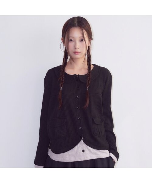 レイヤードカラーポケットカーディガン ブラック（カーディガン/ボレロ