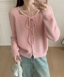 ネックパール付きフロントリボンワイドリブニットカーディガン
