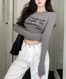 クロップド丈 英文字プリント柄長袖ロングTシャツ
