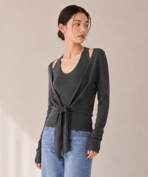 center i（センターアイ）の「フロントタイ レイヤード風リブニットトップス（ニット/セーター・レディース・ブラウン/グレー・FREE）」の9枚目の写真