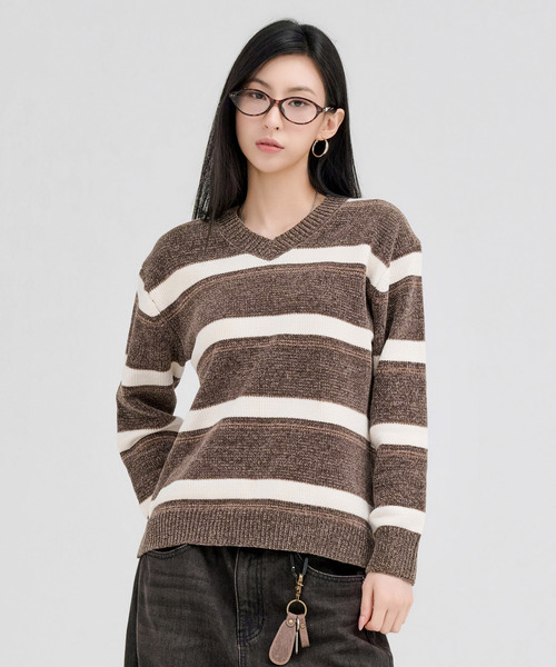 CHASECULT(チェイスカルト)の「レディース Vネック ストライプ セーター-FFRG5275D08(ニット/セーター・レディース・ブラウン・85/90)」の1枚目の写真