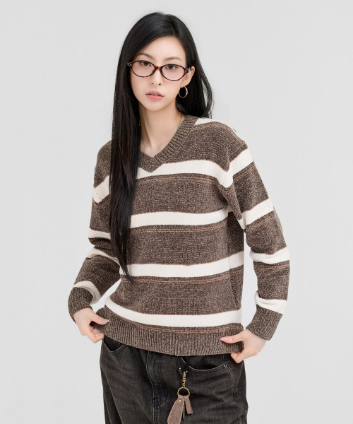 CHASECULT(チェイスカルト)の「レディース Vネック ストライプ セーター-FFRG5275D08(ニット/セーター・レディース・ブラウン・85/90)」の3枚目の写真