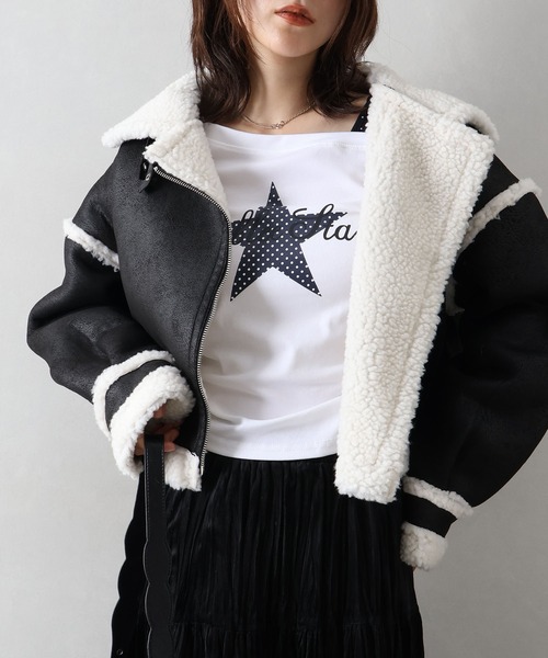 SpRay(スプレイ)の「フェイクムートンクロップドジャケット(ムートンコート・レディース・アイボリー/チャコールグレー/ブラウン/ブラック・FREE)」の14枚目の写真