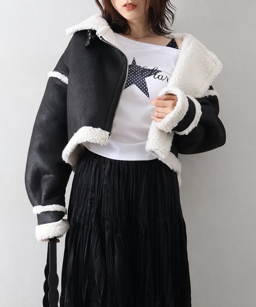 SpRay(スプレイ)の「フェイクムートンクロップドジャケット(ムートンコート・レディース・アイボリー/チャコールグレー/ブラウン/ブラック・FREE)」の9枚目の写真