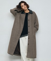 ツイードチェック合皮使いロングコート/Plaid Tweed Faux Leather-Trim Mid-Length Jacket