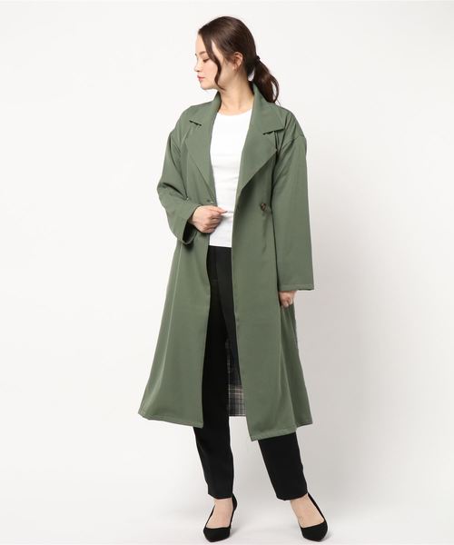 KOBE LETTUCE（コウベレタス）の「チェック配色デザインスプリングトレンチコート（トレンチコート・レディース・グレイッシュベージュ/カーキ/ブラック/ベージュ・FREE）」の4枚目の写真