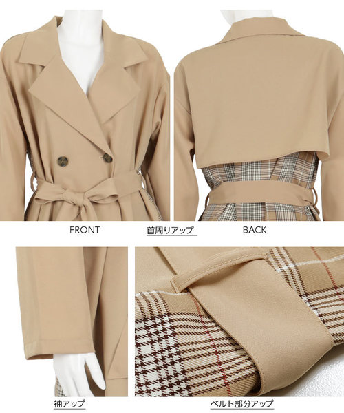KOBE LETTUCE（コウベレタス）の「チェック配色デザインスプリングトレンチコート（トレンチコート・レディース・グレイッシュベージュ/カーキ/ブラック/ベージュ・FREE）」の14枚目の写真