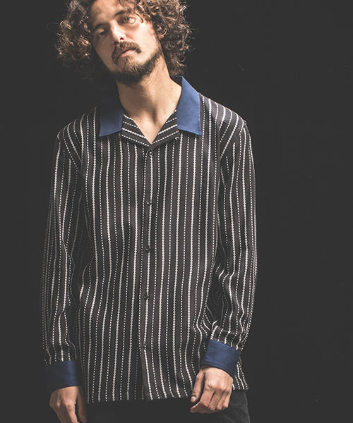 Jih Nunc(ジーヌンク)の「ms3828-インディゴ硫化染めドビーシャツ(シャツ/ブラウス・メンズ・ブラック/ネイビー・S/M/L)」の1枚目の写真